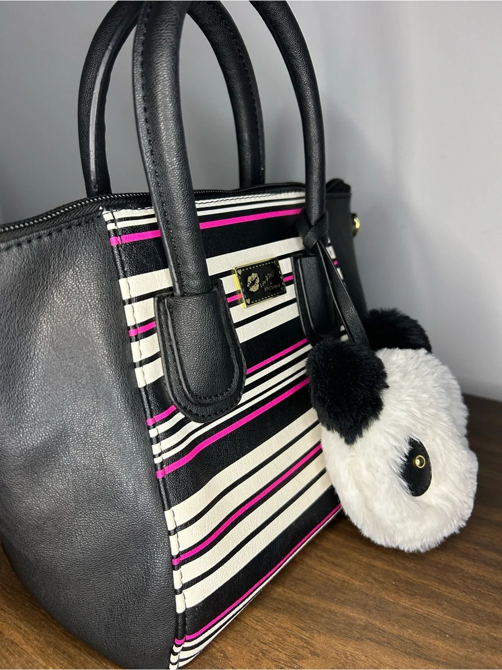 Luv Betsey Johnson Striped Black Pink Satchel Tote Panda Pom Charm